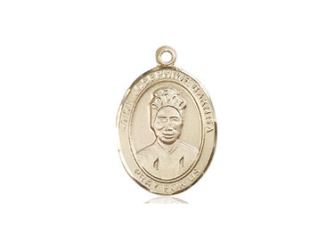14kt solid gold St. Josephine Bakhita patron saint medal pendant, 3/4 inch by 1/2 inch, handcrafted by Bliss Manufacturing USA