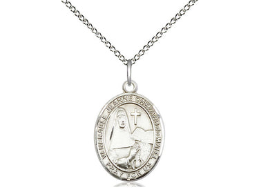 Sterling silver Jeanne Chezard de Matel patron saint medal necklace, 3/4 inch by 1/2 inch pendant with 18 inch chain, handcrafted by Bliss USA