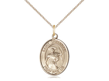 14kt gold filled St. Theodore Stratelates patron saint medal necklace 3/4 x 1/2 inch 18 inch chain handcrafted by Bliss Manufacturing USA