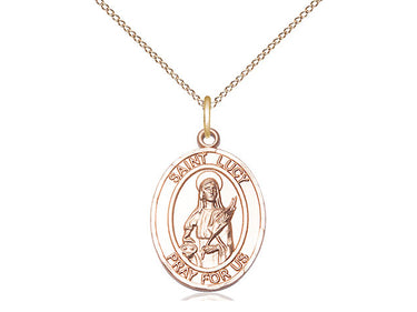 14kt gold filled St. Lucy patron saint medal necklace with 18 inch chain, handcrafted by Bliss Manufacturing