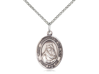 Sterling silver St. Jadwiga of Poland patron saint medal necklace with 3/4 inch pendant on 18 inch chain by Bliss Manufacturing