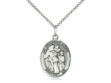 Sterling silver Guardian Angel with Children pendant necklace, 3/4 x 1/2 inch medal on 18 inch chain, handcrafted by Bliss Manufacturing