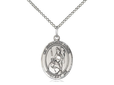 Sterling silver Guardian Angel of the World pendant necklace, 3/4 x 1/2 inch medal on 18 inch chain, handcrafted by Bliss Manufacturing