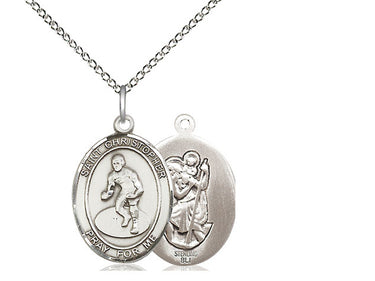 Sterling Silver St. Christopher Wrestling Medal Necklace 3/4 x 1/2 inch on 18 inch chain by Bliss