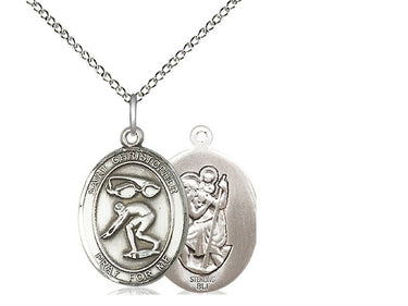 Sterling Silver St. Christopher Swimming Medal Necklace 3/4x1/2 inch pendant 18 inch chain Bliss USA