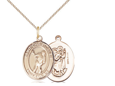 14kt Gold Filled St. Christopher Lacrosse Medal Necklace 3/4 inch x 1/2 inch pendant on 18 inch chain handmade by Bliss