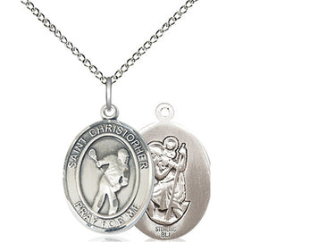 Sterling silver St. Christopher lacrosse medal necklace with 18 inch chain by Bliss Manufacturing