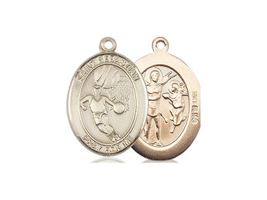 14kt solid gold St. Sebastian basketball medal pendant 3/4 x 1/2 inch handcrafted by Bliss Manufacturing USA