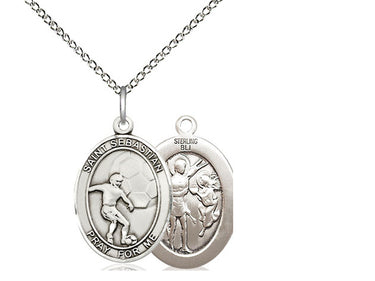 Sterling silver St. Sebastian soccer medal necklace 3/4 x 1/2 inches with 18 inch curb chain handcrafted by Bliss USA