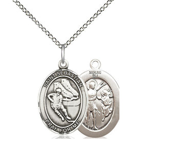 Sterling Silver St. Sebastian Hockey Medal Necklace 3/4x1/2 inch pendant 18 inch chain Bliss USA