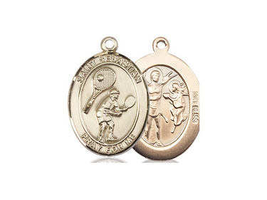 14kt Solid Gold St. Sebastian Tennis Medal Pendant 3/4 inch by 1/2 inch handcrafted by Bliss Manufacturing