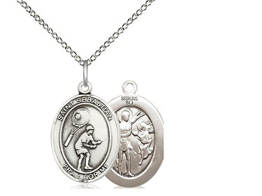 Sterling Silver St. Sebastian Tennis Medal Necklace 3/4 inch by 1/2 inch on 18 inch chain by Bliss Manufacturing