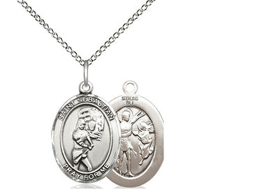 Sterling silver St. Sebastian softball medal necklace with 18 inch curb chain, handcrafted by Bliss