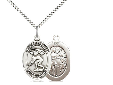 Sterling Silver St. Sebastian Swimming Medal Necklace 3/4x1/2 inch pendant 18 inch chain Bliss USA