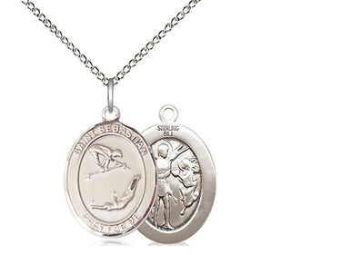 Sterling silver St. Sebastian gymnastics medal necklace, 3/4 inch patron saint pendant on 18 inch chain, handcrafted by Bliss USA
