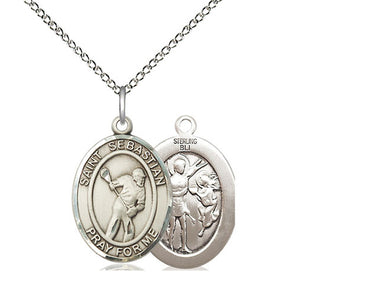 Sterling Silver St. Sebastian Lacrosse Medal Necklace 3/4 x 1/2 inch with 18 inch Chain by Bliss Manufacturing