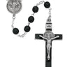 7mm black glass St. Benedict rosary with pewter centerpiece medal and black epoxy crucifix on wire-link chain