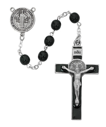 7mm black glass St. Benedict rosary with pewter centerpiece medal and black epoxy crucifix on wire-link chain