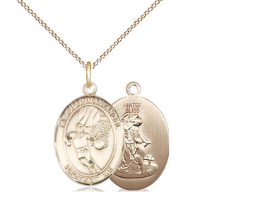 14kt gold filled Guardian Angel basketball medal necklace 3/4 x 1/2 inch with 18 inch chain by Bliss Manufacturing USA