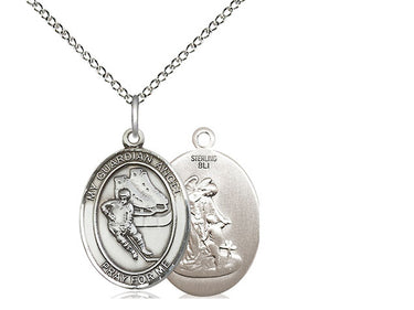 Sterling Silver Guardian Angel Hockey Medal Necklace 3/4 x 1/2 inch with 18 inch Chain by Bliss