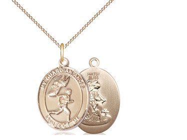 14kt Gold Filled Guardian Angel Track and Field mens medal necklace 3/4 inch by 1/2 inch on 18 inch curb chain by Bliss