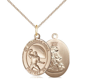 14kt Gold Filled Guardian Angel Track and Field medal necklace 3/4 inch by 1/2 inch on 18 inch curb chain by Bliss