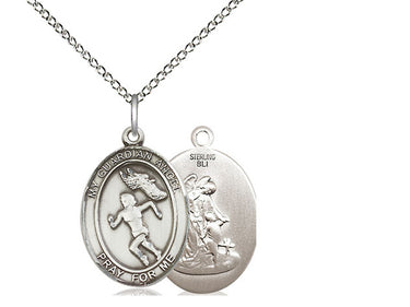 Sterling Silver Guardian Angel Track and Field medal necklace 3/4 inch by 1/2 inch on 18 inch curb chain by Bliss