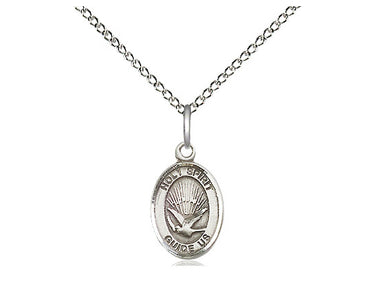 Small sterling silver Holy Spirit pendant necklace with dove design, 1/2 x 1/4 inch medal on 18 inch curb chain, handcrafted by Bliss Manufacturing