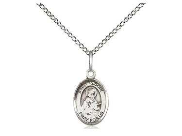 Sterling Silver St. Isidore of Seville patron saint medal necklace, 1/2 x 1/4 inch pendant on 18 inch chain by Bliss Manufacturing USA