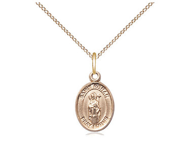 Gold Filled St. Ronan patron saint medal necklace with 18 inch chain, small 1/2 x 1/4 inch pendant, handcrafted by Bliss Manufacturing