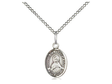 Sterling silver small Immaculate Heart of Mary medal necklace, 1/2 inch petite pendant on 18 inch chain, handcrafted by Bliss Manufacturing USA