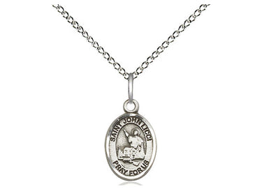Sterling silver St. John Licci patron saint medal necklace, 1/2 x 1/4 inch pendant on 18 inch chain, handcrafted by Bliss Manufacturing