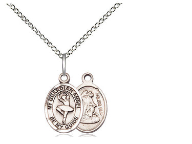 Small sterling silver Guardian Angel dance pendant necklace, 1/2 x 1/4 inch medal on 18 inch curb chain, handcrafted by Bliss Manufacturing