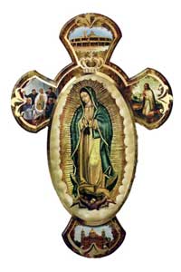 Italian handcrafted wood wall cross featuring Our Lady of Guadalupe with gold accents by RosaryCard