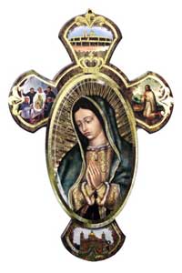 Large 15 inch wood wall cross featuring Our Lady of Guadalupe Catholic devotional art by RosaryCard