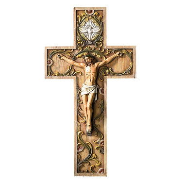 10 inch Italian resin Holy Spirit wall crucifix with floral ornaments and dove Catholic home decor