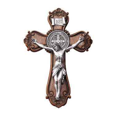 10 inch brown Baroque resin wall crucifix with Italian corpus and St Benedict medals European Catholic home decor