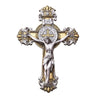 10-inch Baroque wall crucifix with gold and gray finish, Italian corpus, and St. Benedict medals for spiritual protection