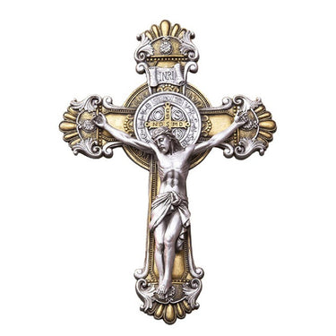10-inch Baroque wall crucifix with gold and gray finish, Italian corpus, and St. Benedict medals for spiritual protection