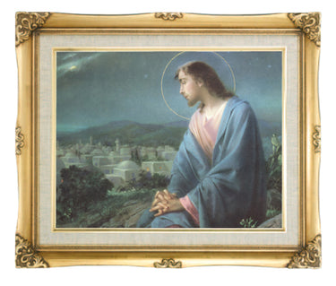 Jesus Overlooking City Catholic framed wall art 16x20 with antique gold frame by Adolfo Simeone