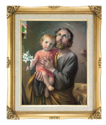 Saint Joseph with Child Catholic framed wall art 16x20 antique gold frame linen print Adolfo Simeone