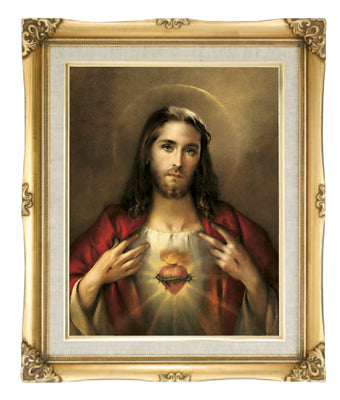 Sacred Heart of Jesus Catholic framed wall art 16x20 antique gold frame linen print by Adolfo Simeone