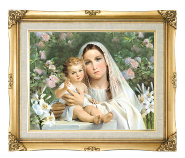 Our Lady Madonna with Lilies Catholic wall art 16x20 framed print antique gold wood frame Adolfo Simeone