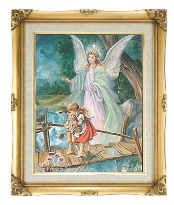 Guardian Angel watching children cross bridge Catholic wall art 16x20 framed print antique gold frame Adolfo Simeone