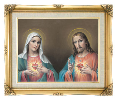 16x20 Twin Hearts Catholic wall art framed print featuring Sacred Heart of Jesus and Immaculate Heart of Mary with antique gold frame by RosaryCard