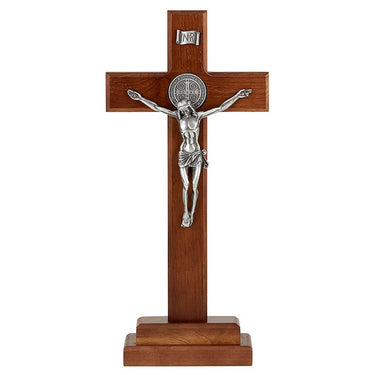 13 inch cherry wood standing table crucifix with Italian silver corpus and pewter St Benedict medals handcrafted