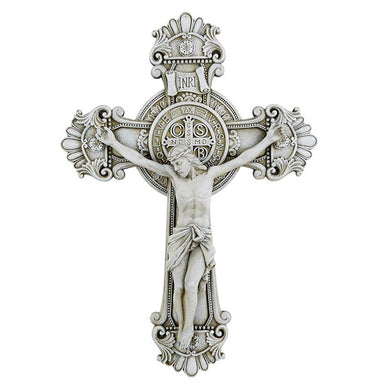 10 inch gray Baroque resin wall crucifix with Italian corpus and St Benedict medals European Catholic home decor