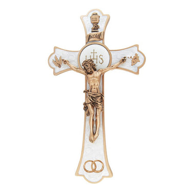 8 inch white wall crucifix with St. Benedict Medal for Catholic wedding blessing and marriage gift by RosaryCard