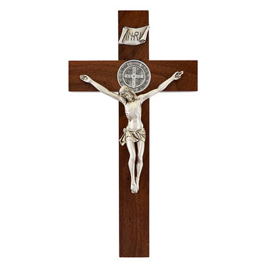 12 inch cherry wood wall crucifix with Italian silver corpus and St Benedict medals handcrafted Catholic decor