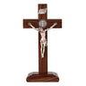 9 inch cherry wood standing table crucifix with Italian corpus and St Benedict medals handcrafted Catholic